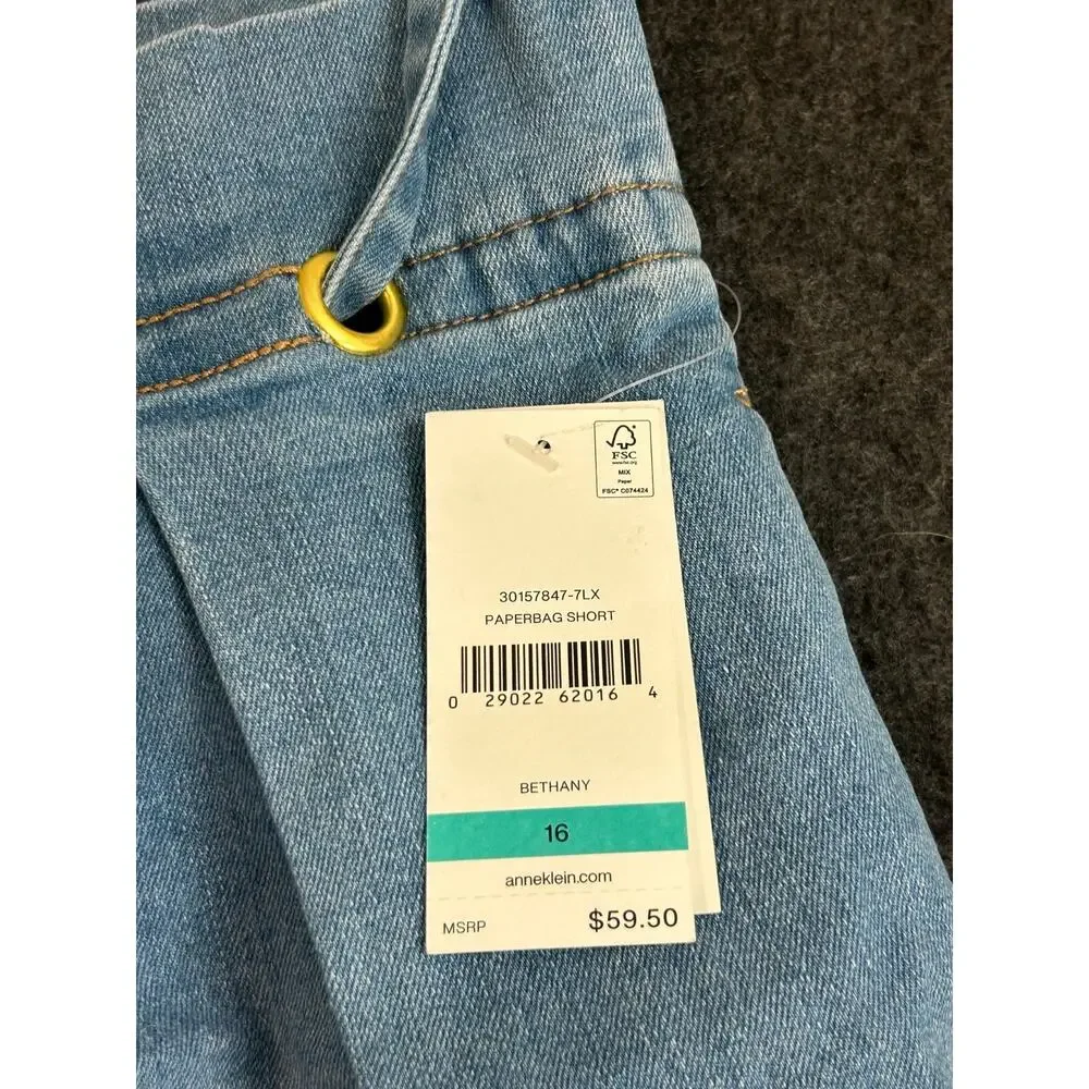 Anne Klein Women's Paperbag Denim Shorts Bethany Blue Size 16 NWT $60‎